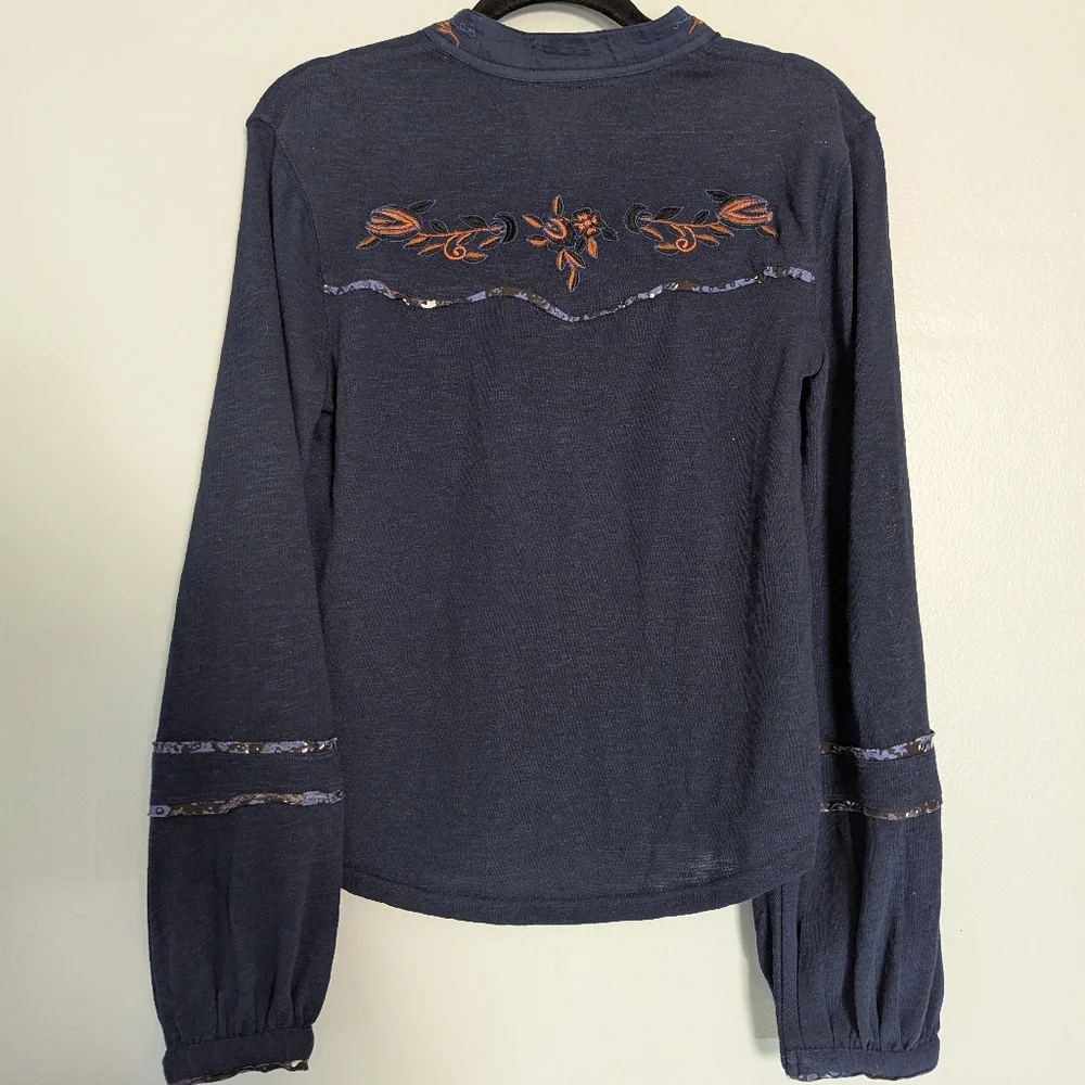 Free People Sundance Kid Embroidered Henley Long Sleeve Blue Rust XS